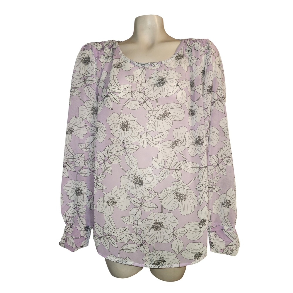 Cabi Lavender Floral Long Sleeve Blouse Purple Scoop Neck Top 6298 Large